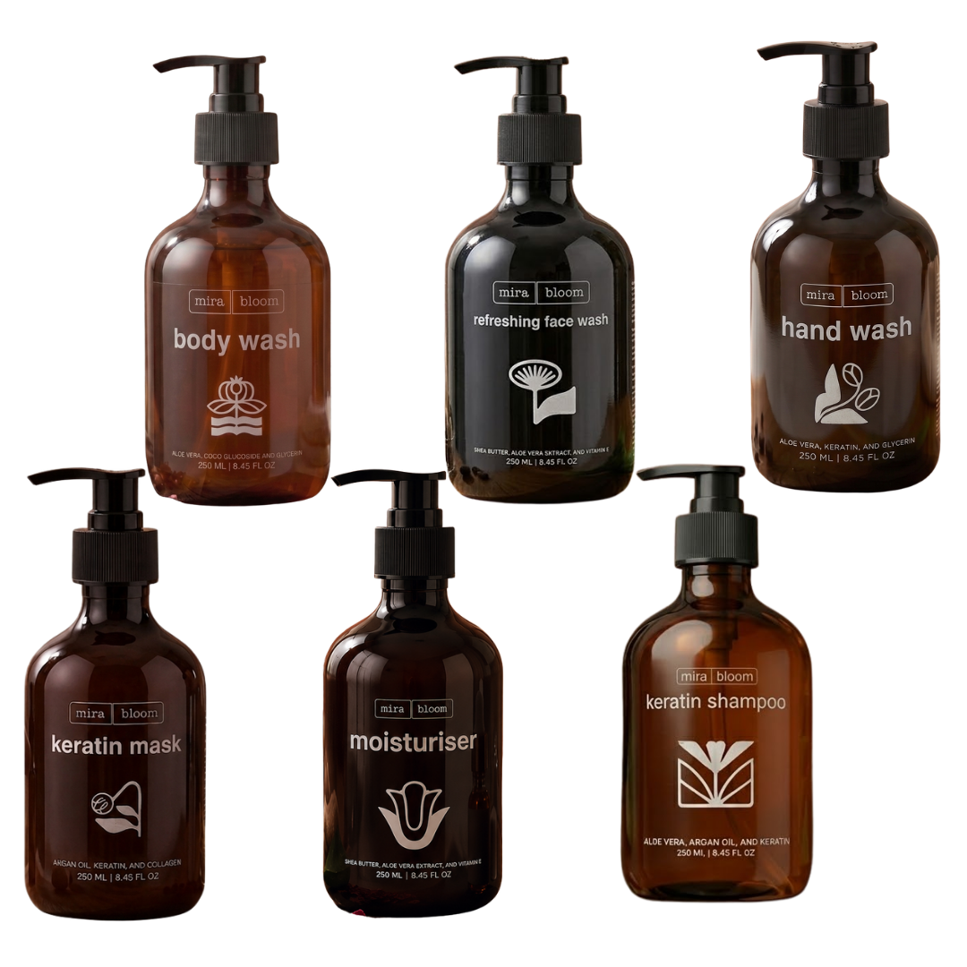 Mira Bloom All-in-One Complete Care Combo – Keratin Repair Shampoo, Hair Mask, Face Wash, Body Wash, Hand Wash & Moisturiser (250ml Each)