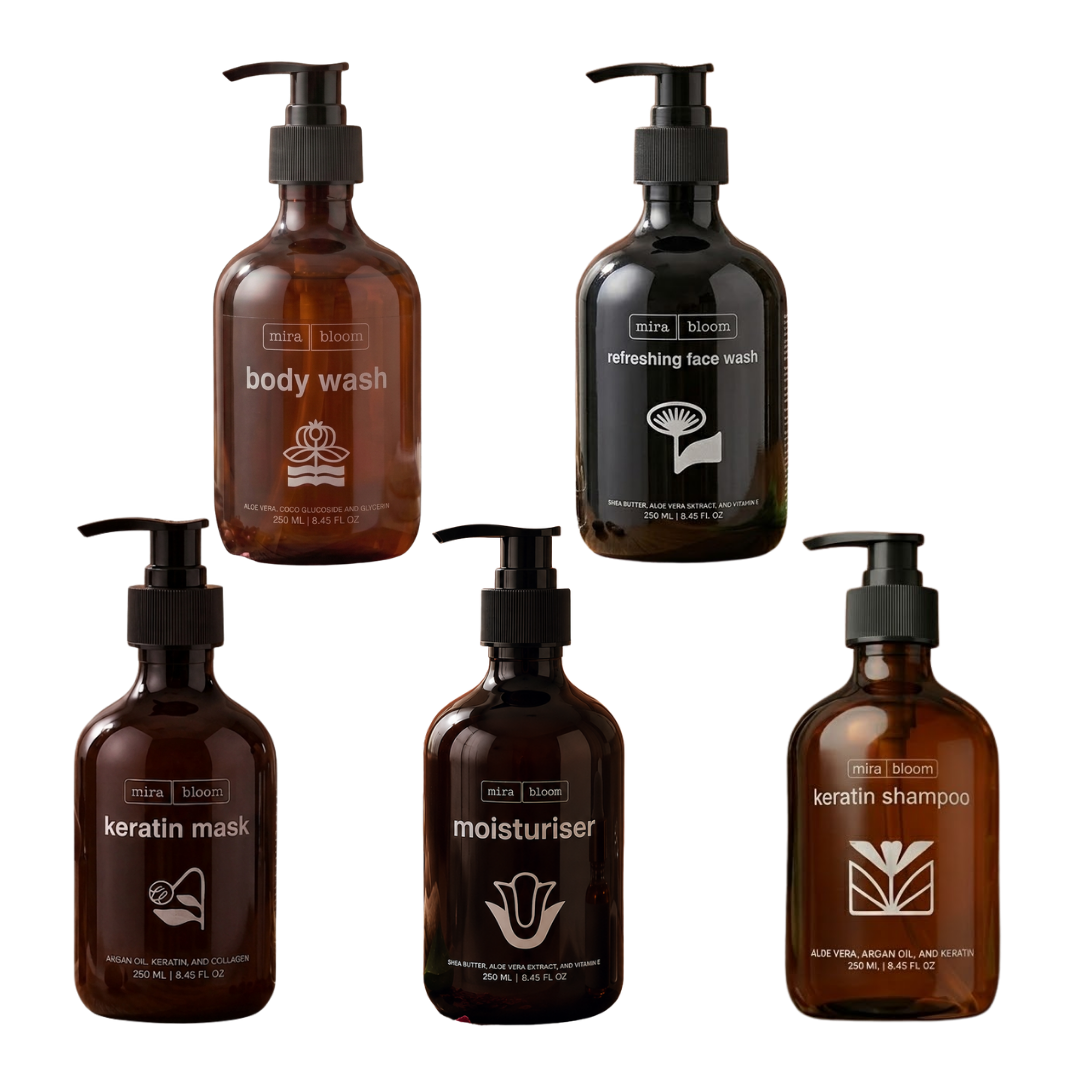 Mira Bloom Five-in-One Complete Care Combo – Keratin Repair Shampoo, Hair Mask, Face Wash, Body Wash & Moisturiser (250ml Each)