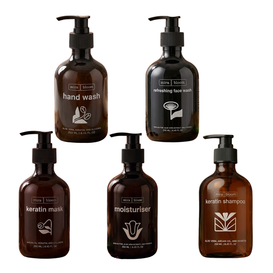 Mira Bloom Five-in-One Complete Care Combo – Moisturiser, Keratin Repair Shampoo, Hair Mask, Face Wash & Hand Wash (250ml Each)