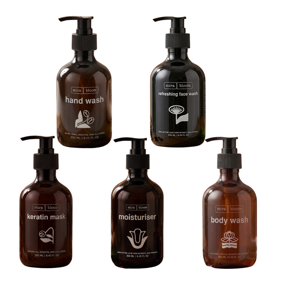 Mira Bloom 5-in-1 Complete Care Combo – Hand Wash, Hair Mask, Face Wash, Body Wash & Moisturiser (250ml Each)