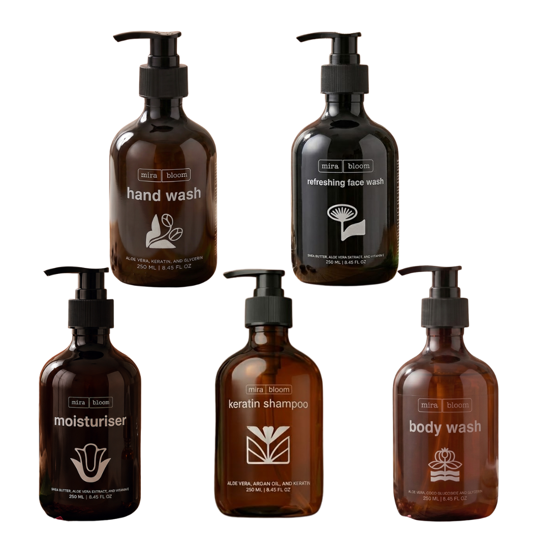 Mira Bloom 5-in-1 Complete Care Combo – Hand Wash, Moisturiser, Face Wash, Body Wash & Keratin Repair Shampoo (250ml Each)
